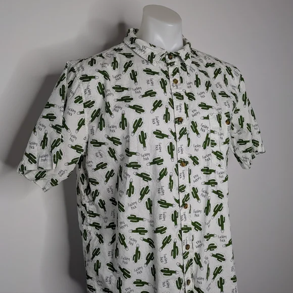 Spencer's White Green Sweary Cactus Short Sleeve Cotton Button Up L - Picture 4 of 7